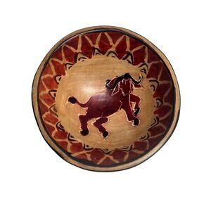VTG Hand Carved Wooden Bowl Charging Bull Folk Art Rustic Western Ranch Decor
